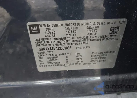 2018 Chevrolet Equinox Lt из США, поврежденный, VIN 3GNAXSEV4JS561836